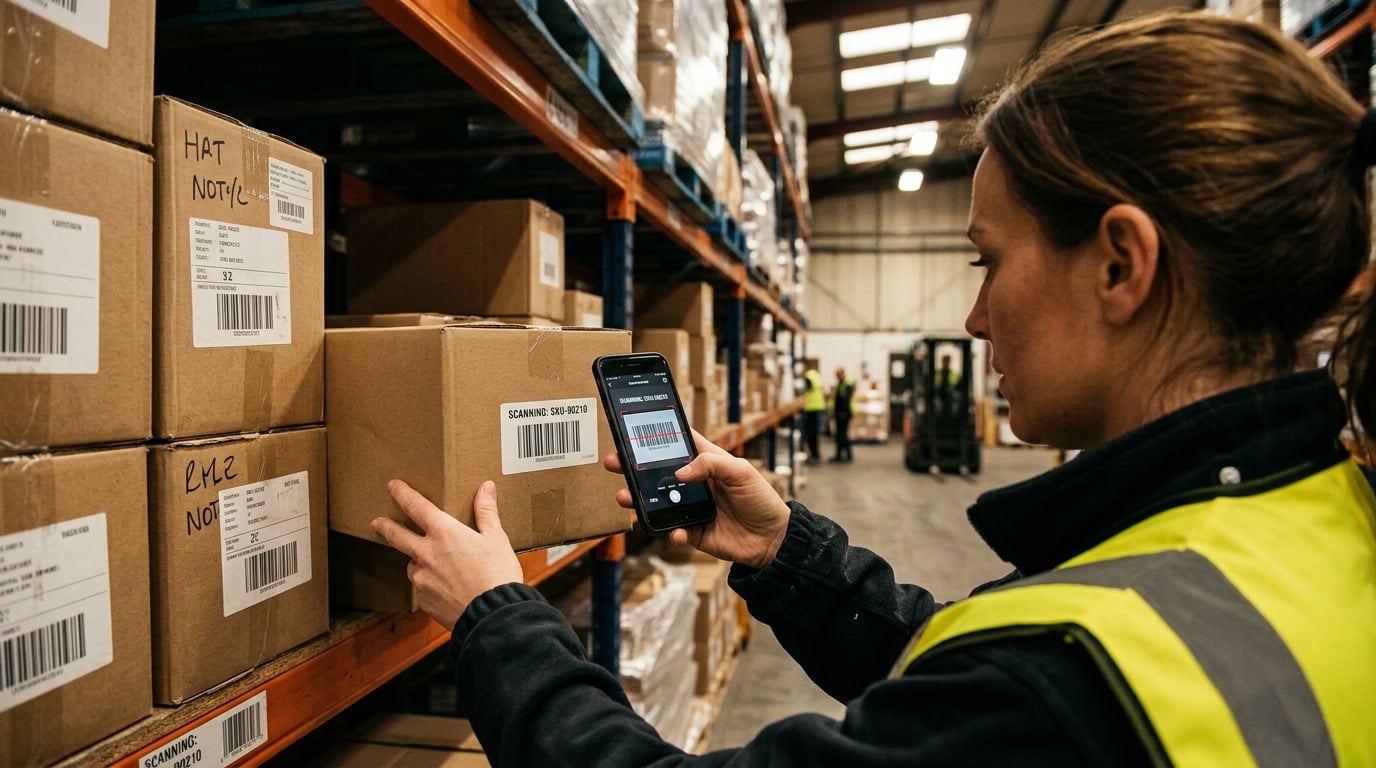 Warehouse worker in a hi-vis vest scanning a box label with a smartphone
