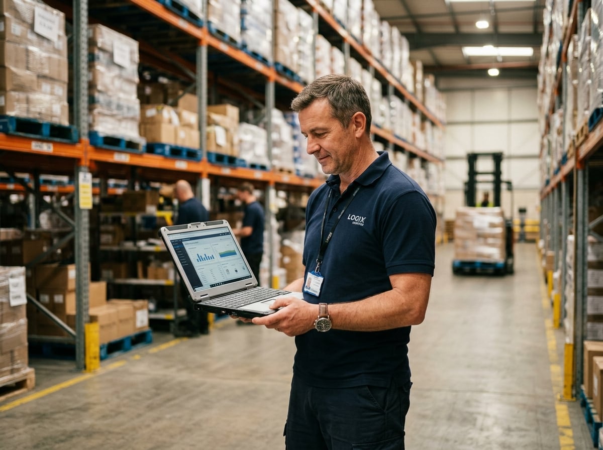 Operations manager reviewing warehouse data on a tablet on the warehouse floor