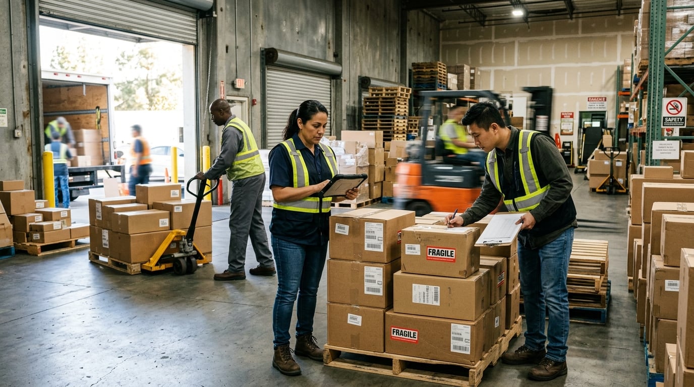 Warehouse team checking incoming pallets at a receiving dock with a tablet