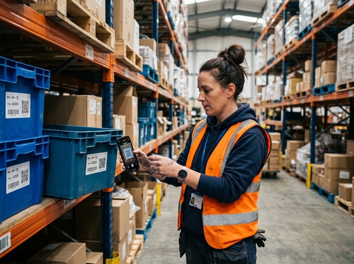 Warehouse worker scanning a bin label with a smartphone in a pallet-racking aisle